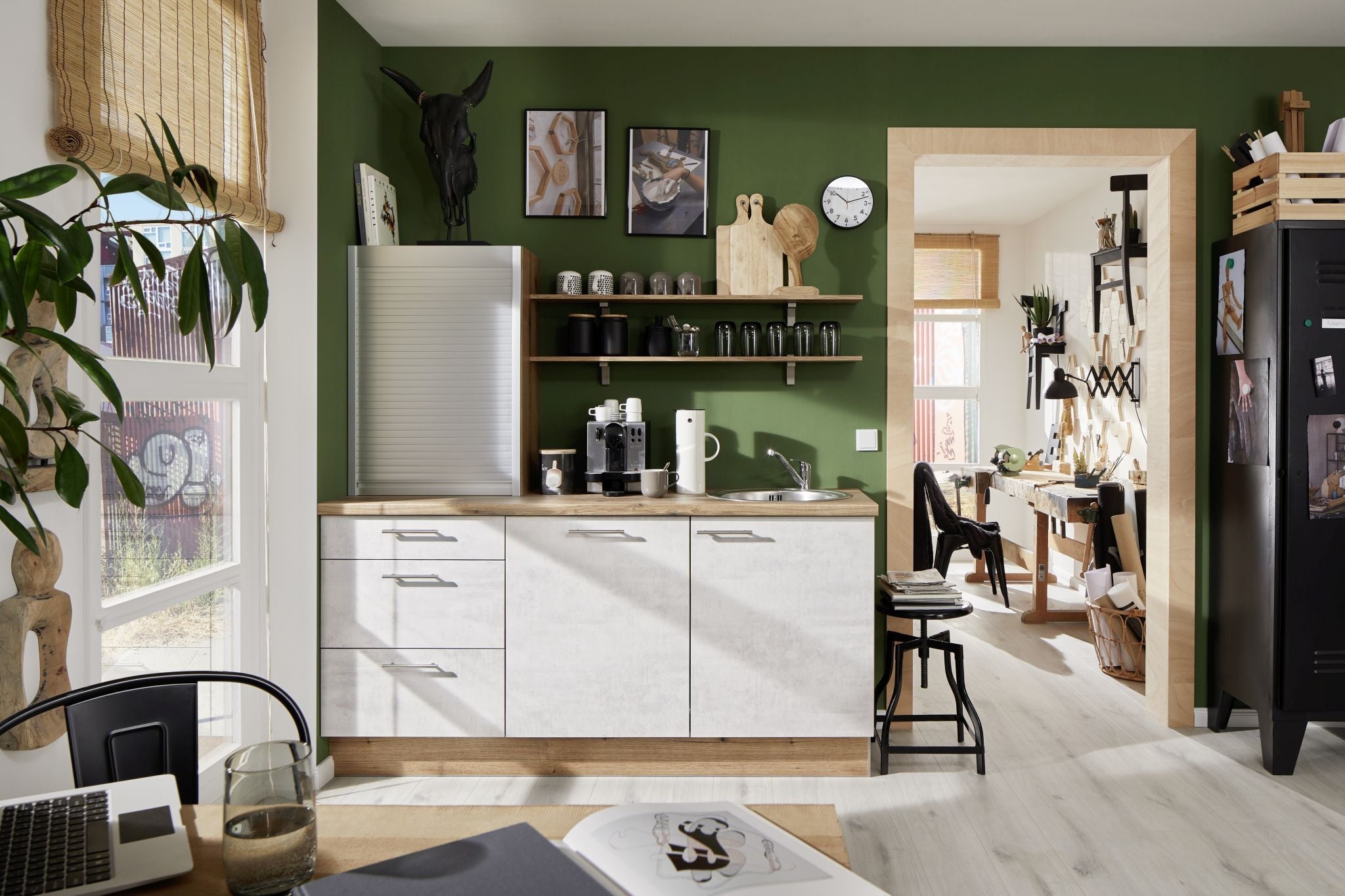 Single Küche Küchenzeile 180 cm, Weißgrau Beton Pino